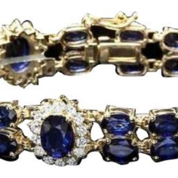 23.30 Natural Blue Sapphire and Diamond 14K Solid Yellow Gold Bracelet - Picture 2 of 6